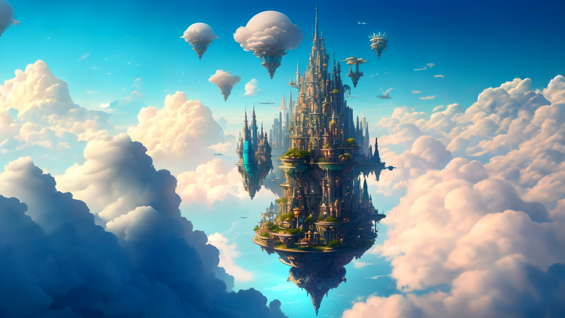 AI generated image of castles floating in the sky. Castles floating in the sky.