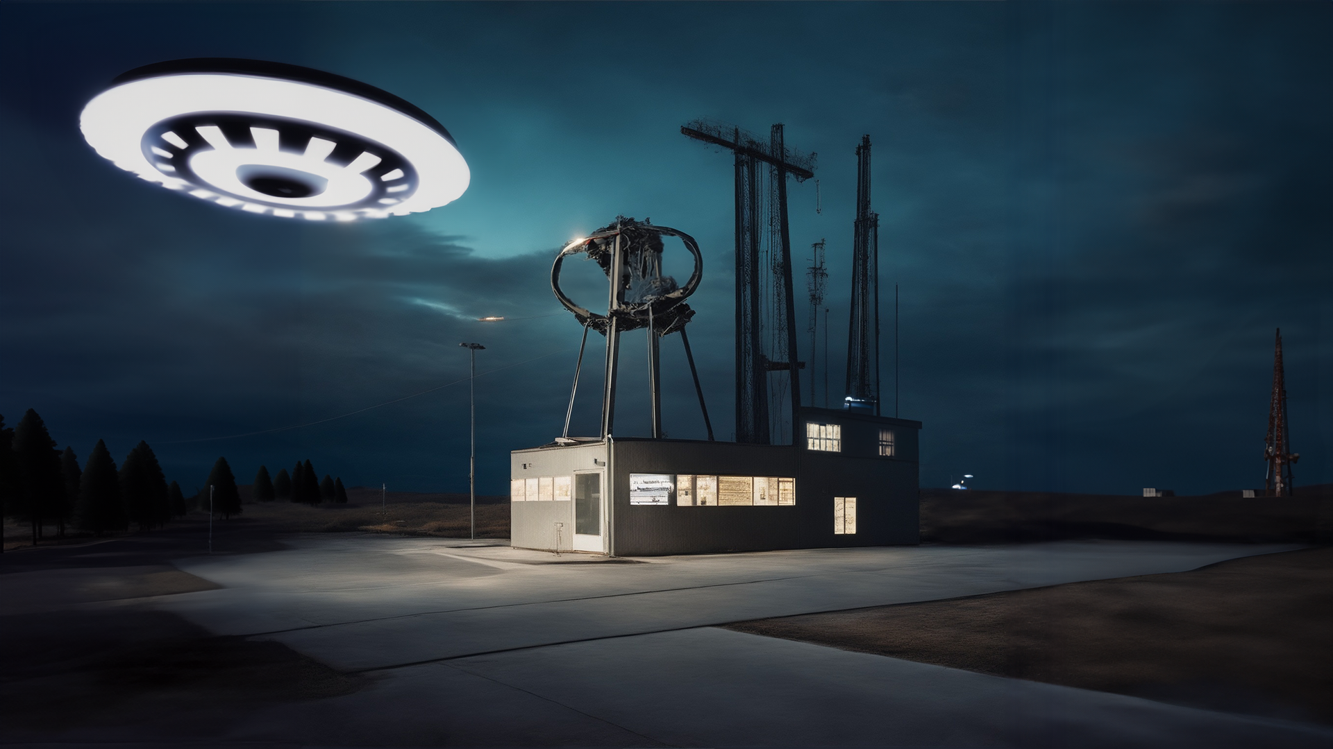 Flying saucer hovering over a radio station at night.
